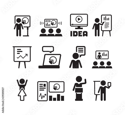 Business presentation icon. Training teacher talking flipchart businessman speaker conference hall mentor group people vector symbols. Illustration businessman presentation, discussion and training