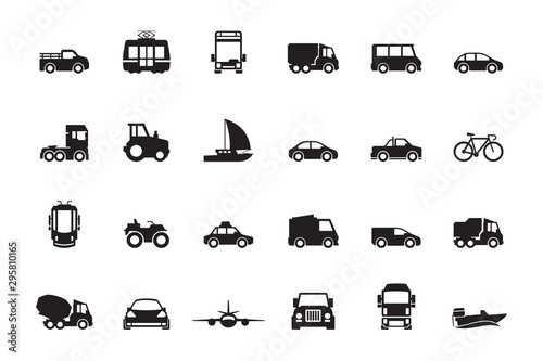Transport silhouette. Airplanes ship car train vehicle logistic icons vector transporting symbols. Ship and vehicle transportation, car and public transport illustration