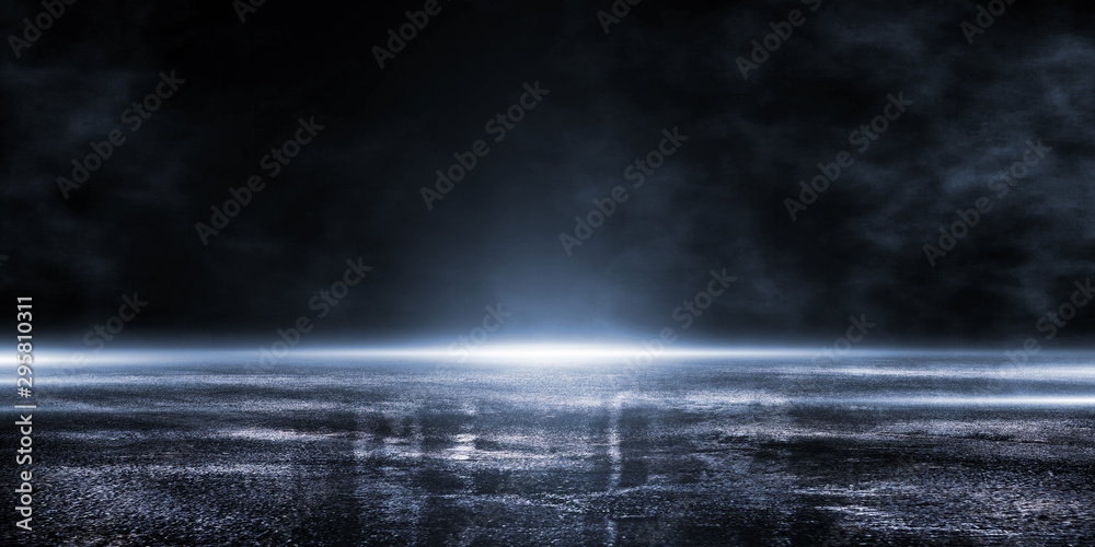 3D rendering abstract dark empty scene blue neon searchlight light wet asphalt smoke on black background