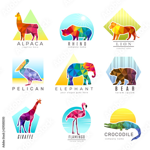 Animals logo. Zoo low poly triangular geometric symbols fo different animals origami colored business identity vector. Illustration geometric triangular animal logo, polygonal triangle