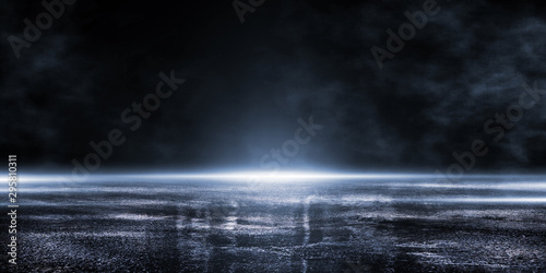 3D rendering abstract dark empty scene blue neon searchlight light wet asphalt smoke on black background photo