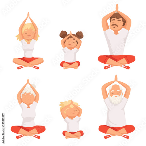 Yoga family. Parents and kids making exercises of yoga and meditation pose buddhism elderly male and female vector pictures. Family doing yoga, grandfather and grandmother meditate illlustration