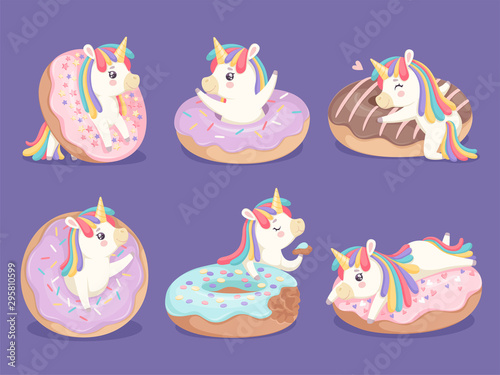 Unicorn dessert. Magic cute little rose pony with donuts cupcakes sweets vector characters. Horse charming with horn, imaginative pony cheerful illustration
