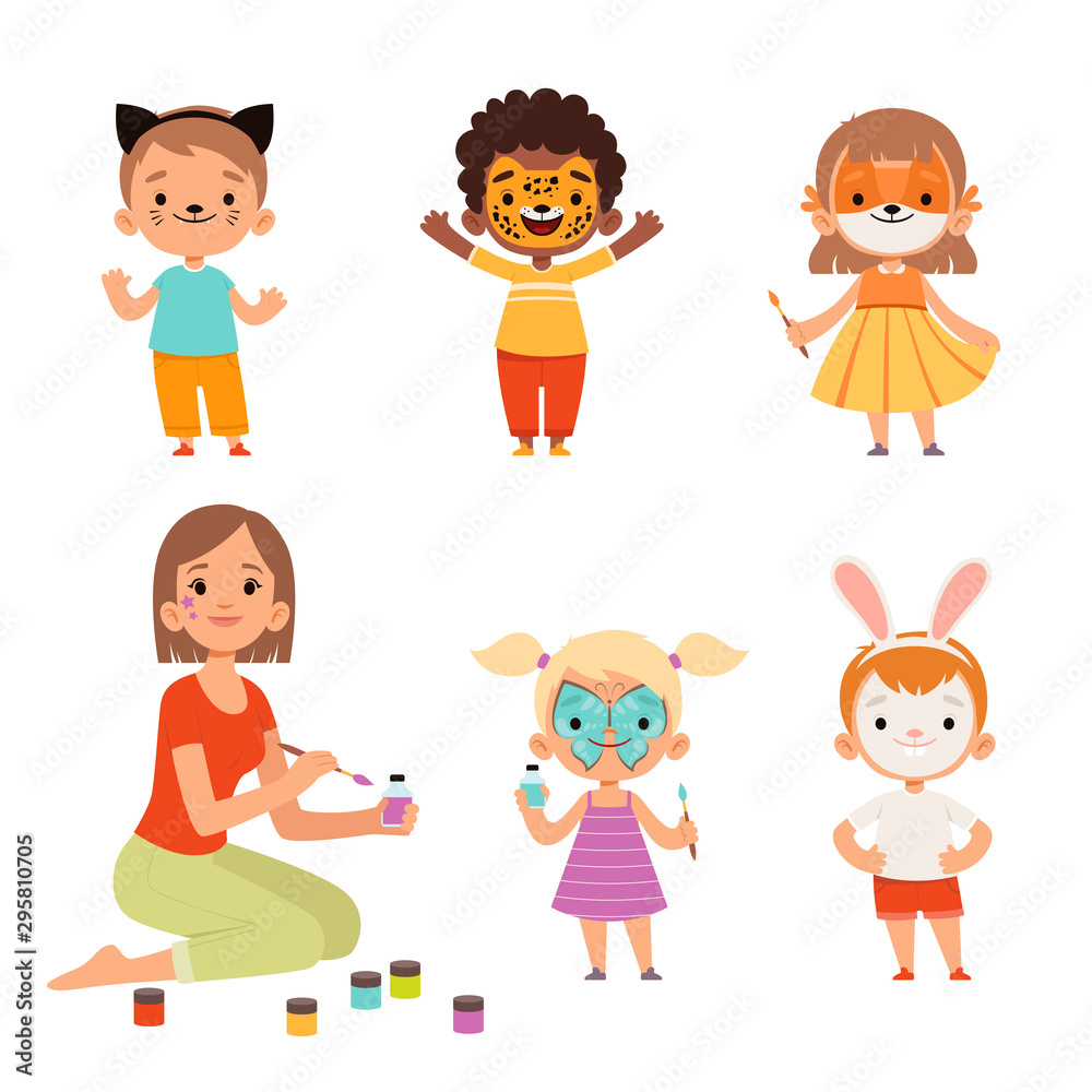 Face painting. Kids makeup funny animals cartoon boys and girls teacher drawing on face vector characters. Illustration cartoon face makeup, people kids in mask animal