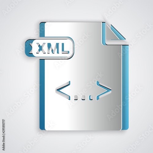 Paper cut XML file document. Download xml button icon isolated on grey background. XML file symbol. Paper art style. Vector Illustration