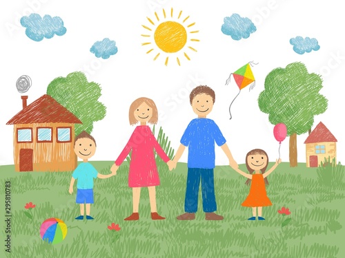 Big family. Father mother brother standing near house grass and sun summer background kids hand drawn style vector. Illustration of mother and father, brother and sister