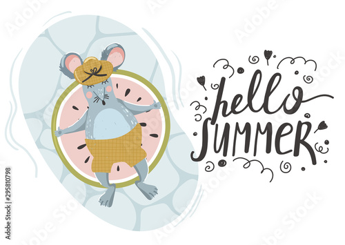 Cute rat swimming in the pool. Summer time. Stylish typography slogan design  hello summer  sign. Vector illustration on white background.