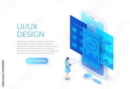UI design concept with smartphone, woman and magnifier. Isometric vector illustration. Landing page template for web.