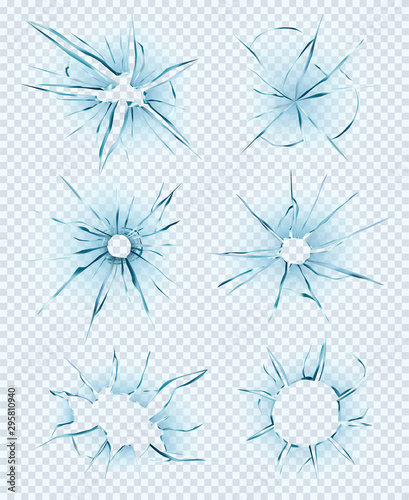Damaged glass. Broken crash window holes transparent glasses destruction ice texture shattered vector realistic picture isolated. Illustration destruction hole, vandalism broken