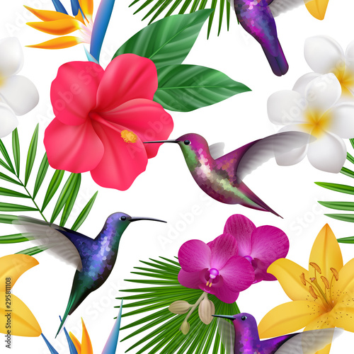 Tropical pattern. Colibri with exotic flowers flying little hummingbirds botanical vector beautiful seamless background. Illustration botanical colibri flying near flowers
