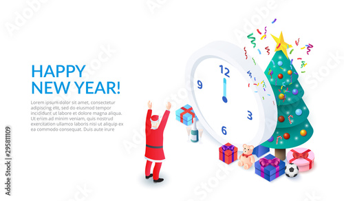 Santa Claus, christmas tree, clock and gift boxes. Isometric vector illustration. Landing page template for web.