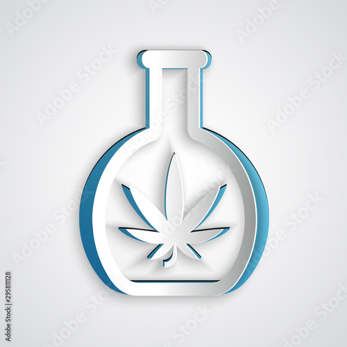 Paper cut Chemical test tube with marijuana or cannabis leaf icon isolated on grey background. Research concept. Laboratory CBD oil concept. Paper art style. Vector Illustration