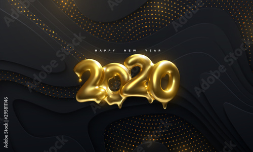 Happy New 2020 Year. Holiday vector illustration of golden metallic numbers 2020 on black paper cut background with glitters. Melted gold characters. Realistic 3d sign. Festive poster or banner design