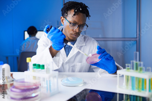 Portrait of young African-American man holding petri dish sample while working on medical research in laboratory, copy space