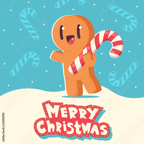 Christmas greeting card with cute gingerbread man cookie vector cartoon character on snowy background.