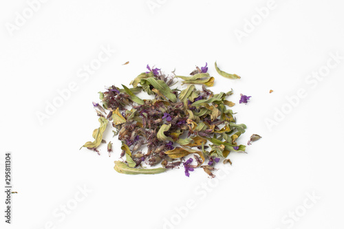 Dry sage leaves and flowers on white background