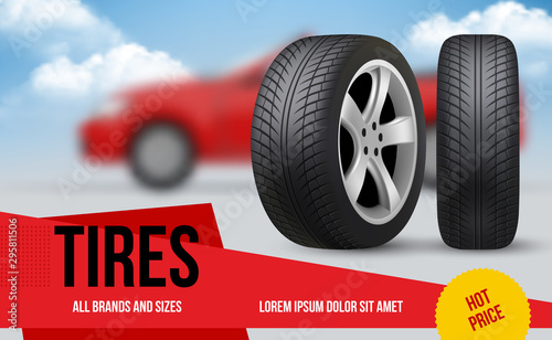 Wheel ads. Brochure template with car wheels automobile item discount for repair vector tyres pictures banners. Auto garage banner, repair tyre wheel, rubber vehicle tire illustration