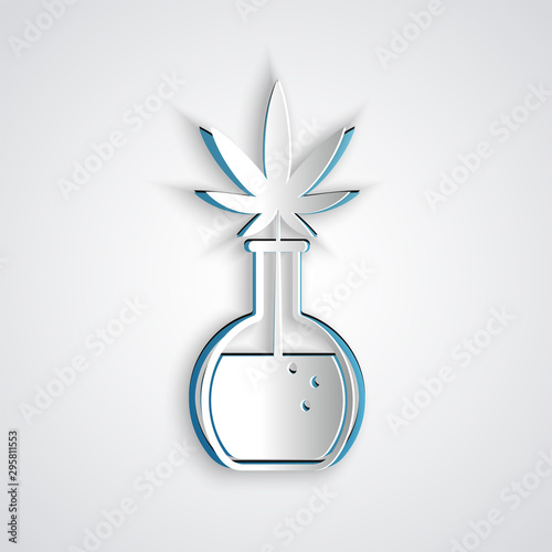 Paper cut Chemical test tube with marijuana or cannabis leaf icon isolated on grey background. Research concept. Laboratory CBD oil concept. Paper art style. Vector Illustration
