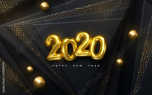 Happy New 2020 Happy New 2020 Year. Vector holiday illustration. Papercut golden numbers. Black geometric background. Festive event banner. Paper shapes with shimmering glitters and balls. Poster or c