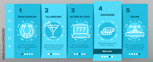 Casino Play Onboarding Mobile App Page Screen Vector Icons Set Thin Line. Casino Chip And Cards, Smartphone and Laptop, Roulette And Dealer Concept Linear Pictograms. Contour Illustrations