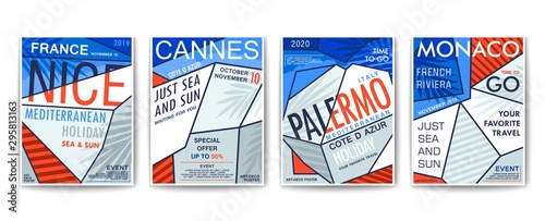 Mediterranean resorts. Nice, Monaco, Palermo and Cannes. Stylized cycladic style arhitecture. Vector template
