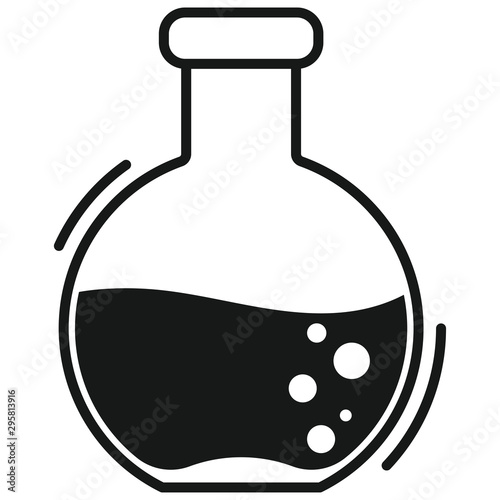 Black simple glass flask silhouette with chemical liquid and bubbles flat design icon isolated on white background.