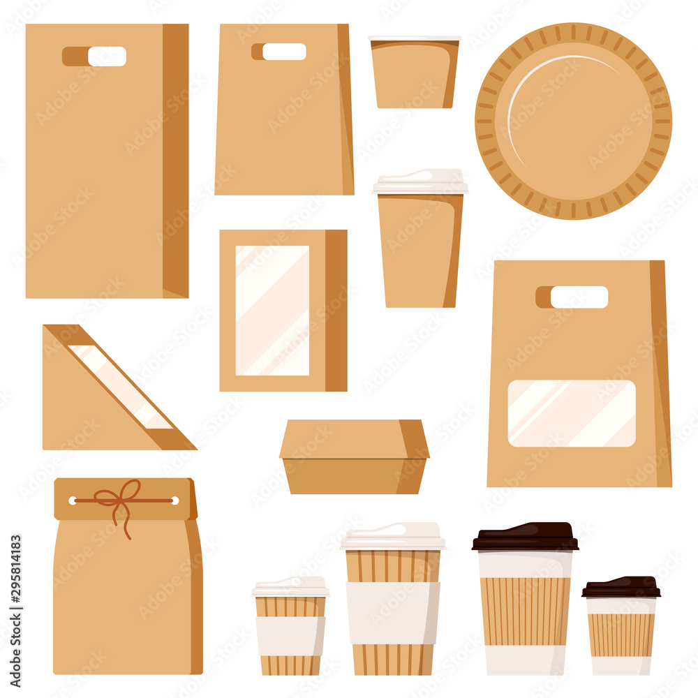 Fast food package set kraft blank take away boxes packaging for food and cups for beverage isolated on white background. Fast food package set kraft blank take away boxes packaging for food and cups for beverage isolated on white background.