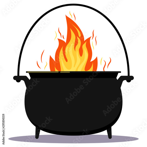 Black iron empty cooking pot with fire flat design cartoon vector illustration. symbol of Halloween holiday.