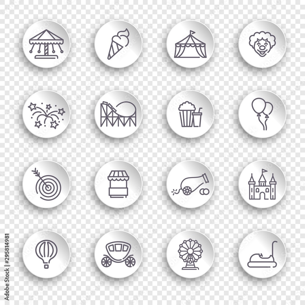 Linear icons on the theme amusement Park on white stickers with transparent shadows