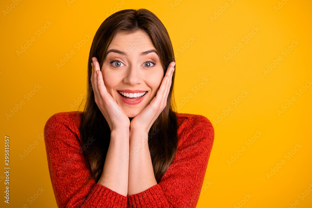 Photo trendy cheerful cute charming pretty sweet young girl impressed with new information touching her cheeks smiling toothily isolated over yellow vivid color background Photo trendy cheerful cute charming pretty sweet young girl impressed with new information touching her cheeks smiling toothily isolated over yellow vivid color background