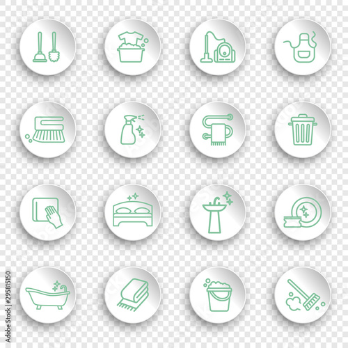 Cleaning and housework Icons, thin line style on white stickers with transparent shadows