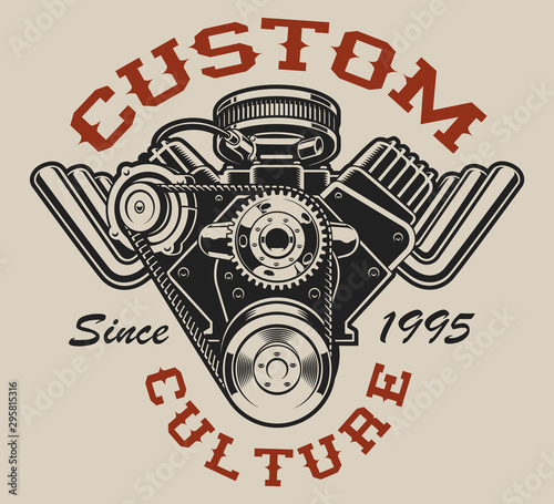 T-shirt design with a hot rod engine in vintage style on the white background.
