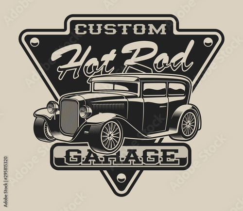 T-shirt design with a hot rod in vintage style on the white background.