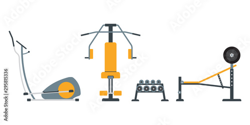 Gym equipment for fitness exercise. Weight machine, elliptical, barbell and dumbbells. Vector illustration.Печать