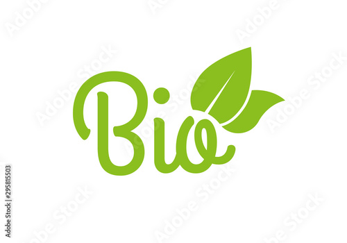 Bio icon or logo. Healthy food and product label with green leaves. Vector illustration.