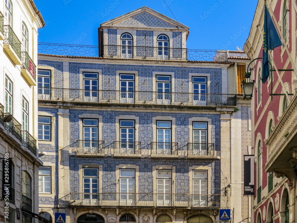  Typical facade of a building with tiles (azuleios)  wall  of Lisbon, Portugal