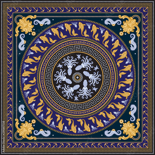 Vector shawl print on dark blue and black background. Fashionable gold chains and anchors pattern, Baroque scroll, blue sea horse, octopus, fish and pearls. Scarf, bandana, silk neckerchief, carpet