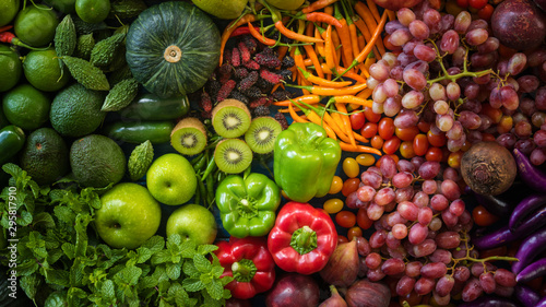 Fototapeta Naklejka Na Ścianę i Meble -  Top view different fresh fruits and vegetables organic on table top, Colorful various fresh vegetables for eating healthy and dieting