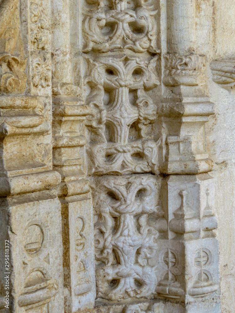 closeup in Jeronimos Monastery in Lisbon  - the most grandiose monument to late-Manueline Portuguese style architecture,  and Church of Santa Maria of Belem in Lisbon, Portugal