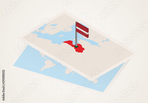 Latvia selected on map with isometric flag of Latvia. photo