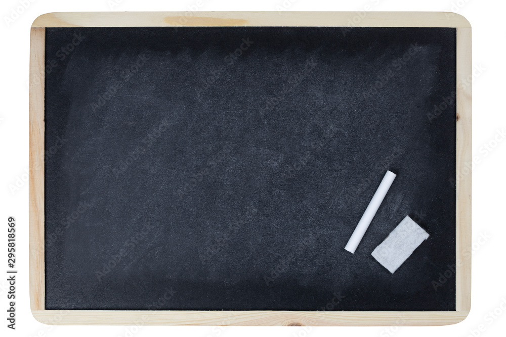 The black board with white chalk and eraser isolated on white background with clipping path.. The black board with white chalk and eraser isolated on white background with clipping path..