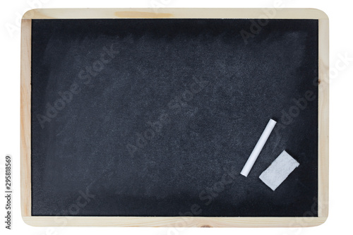 The black board with white chalk and eraser isolated on white background with clipping path..