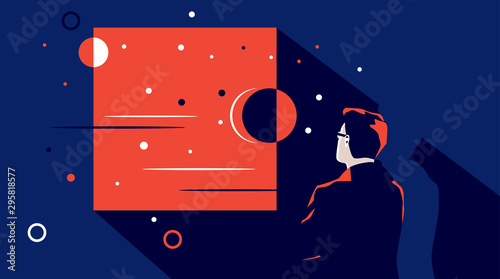 Concept scientist observes outer space or thinks or this is some kind of experiment and innovation