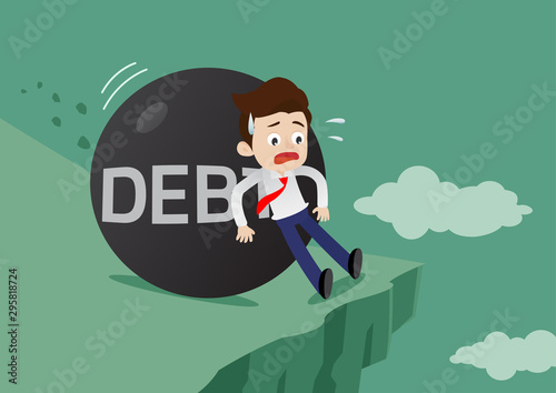 Businessman was hit by a giant debt ball, pushing him to fall off a cliff