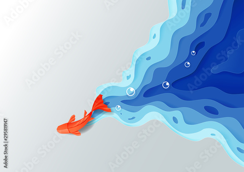 Fototapeta Origami czerwona pomarańczowa papierowa ryba na błękitne wody rzemiosła wielokąta modnym stylu, Papierowy sztuka projekta tło