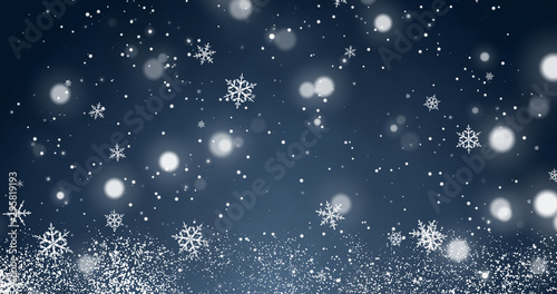 Snowflakes and bokeh lights on the blue Merry Christmas background. 3D render © flying creature