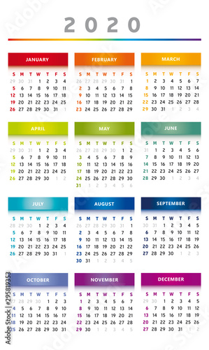 Calendrier 2020 - 3 Colonnes / 4 Trimestres Couleurs Arc-en-ciel - Anglais