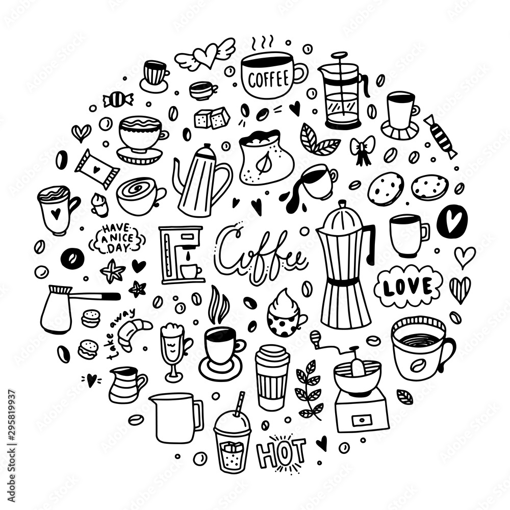 Coffee doodles round shape vector collection. Hand drawn cups with drinks, sweets, cakes, desserts elements and icons for cafe decoration Coffee doodles round shape vector collection. Hand drawn cups with drinks, sweets, cakes, desserts elements and icons for cafe decoration