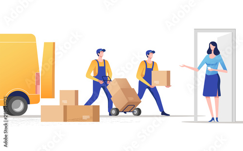 Concept of express delivery services. Delivery parcel to door. Vector illustration.