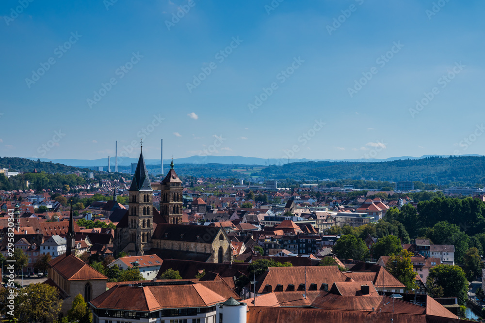 Germany, Beautiful wide scenic aerial view above roofs of medieval town esslingen am neckar and famous dionys cathedral on sunny day